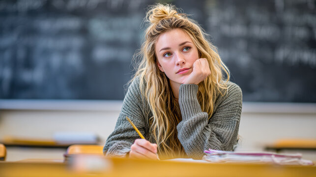 A young woman sits at a desk in a classroom, gazing thoughtfully, holding a pencil, with notebooks in front of her.