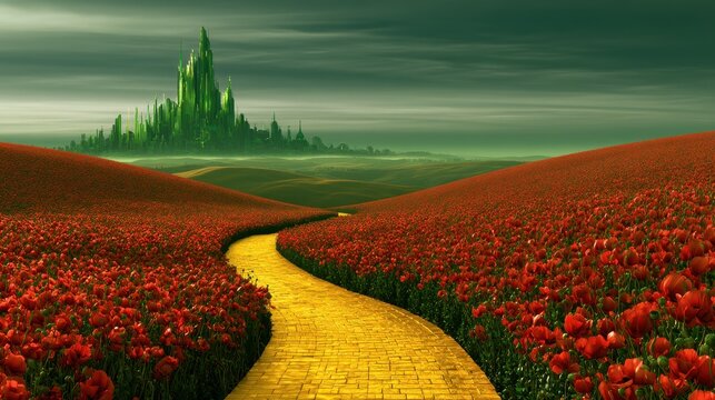 Winding yellow path through vibrant red poppy fields leading to a green fantasy city under a dramatic sky