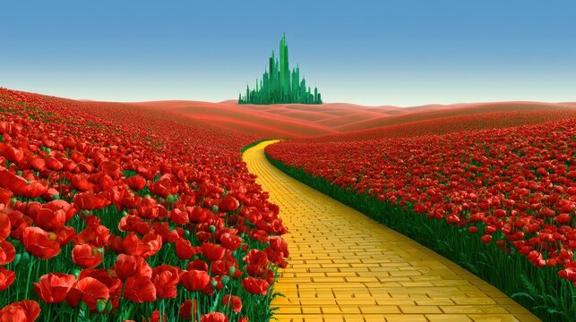 Yellow Brick Road Leading Through a Field of Red Poppies Toward a Green Emerald Castle in a Fantasy Landscape