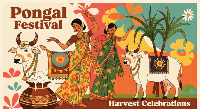 Vibrant illustration of an Indian harvest festival, showcasing joyous women dancing in traditional attire, decorated cattle, and symbolic elements of abundance and prosperity