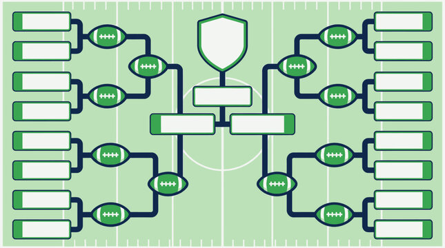 A detailed tournament bracket diagram displayed on a green sports field with a shield icon and connected flow paths.
