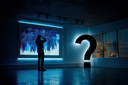 A person stands in a dark room, facing a large digital chart and an illuminated question mark, appearing deep in thought or puzzled.