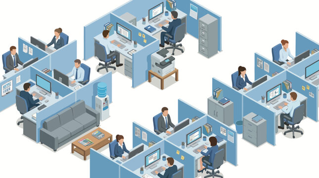 Isometric view of office workers sitting at cubicles with computers and desks in a modern workplace