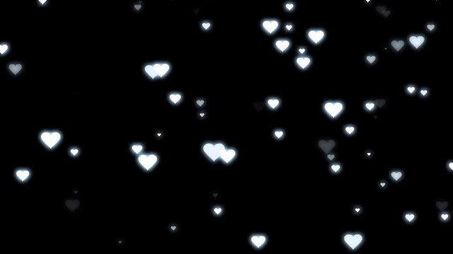 Luxury white heart glitter trail animation with glowing romantic particles, neon love lights, shimmering fairy dust, blinking love shape, magical valentine sparkle overlay on black screen. 4K