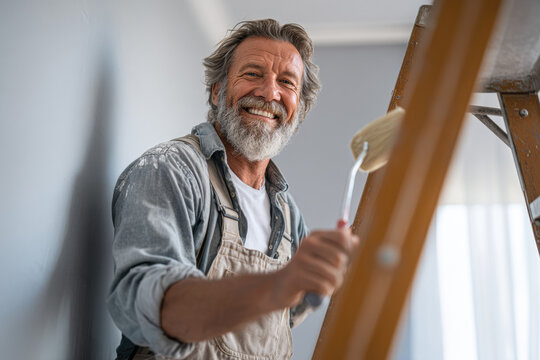 A cheerful man with a beard paints a wall while standing on a ladder, wearing overalls and holding a brush.
