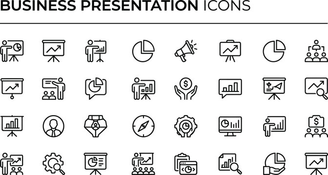 Business presentation icons set featuring charts teamwork communication marketing strategy and data visualization elements for professional digital slides