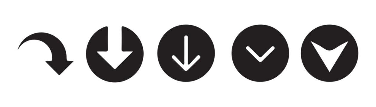 Set of isolated downward pointing arrow icons, including curved and various styles.