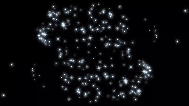 Magic glitter sparkle stars trail animation with glowing fairy dust, twinkling white particles, shining bokeh light burst, seamless starlight transition overlay on black screen background 4K