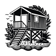 Fototapeta premium Stilt House, Beach Hut, Tropical Vector Illustration, Black and White