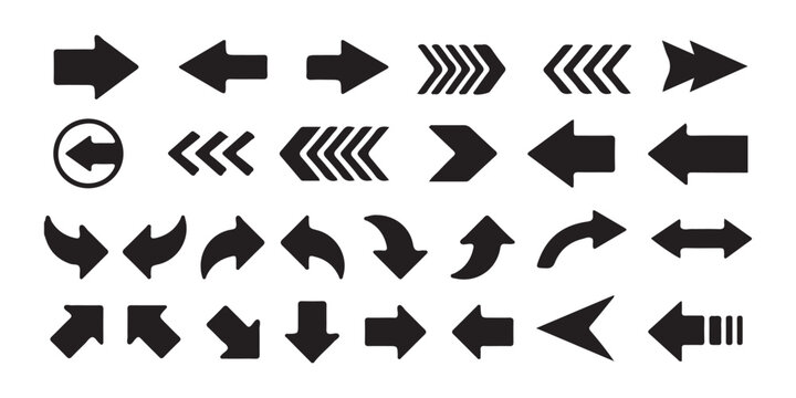Comprehensive collection of black direction arrows for website design and user interface systems.