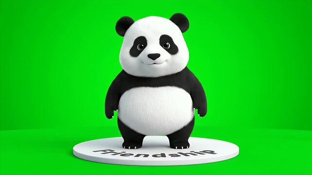 Charming 3D Render of a Fluffy Panda Bear Standing Proudly on a White Circular Platform with a Vibrant Green Screen Background