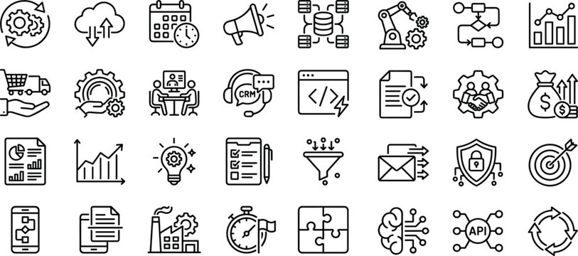 Business Process Automation Line Icon Set With Workflow Management Analytics Technology And Digital Interface Symbols