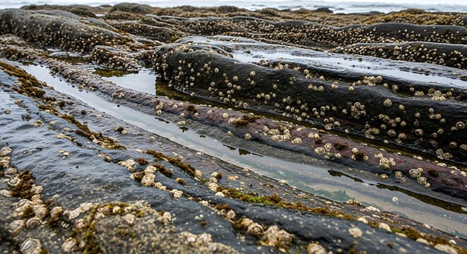 Coastal rock formations with barnacles and tidal pools under cloudy skies