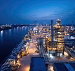 Fototapeta premium Industrial refinery plant at night, blue hour, pipes and lights