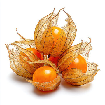 Ripe orange physalis fruits with dry husk on white background