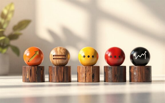 Five colorful wooden spheres with symbols each on a rustic base.