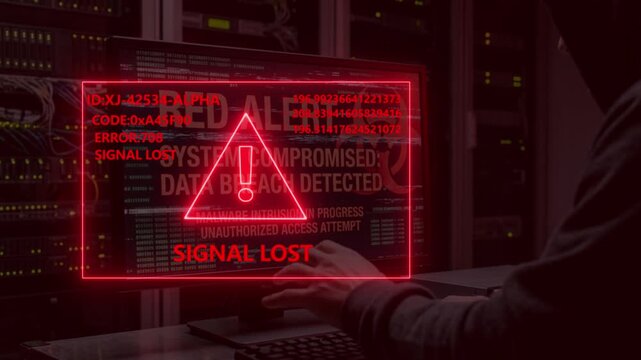 A motion graphic of a red alert signal with an exclamation mark over a hooded hacker typing on a computer.