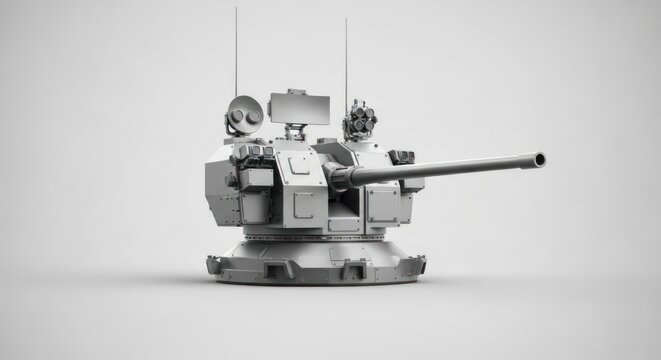 Modern naval gun turret with radar, 3D render on white background