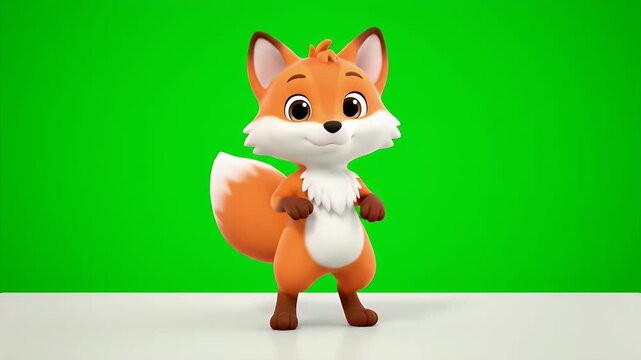 Adorable 3D animated cartoon red fox character with fluffy tail standing confidently on a white surface against a vibrant green