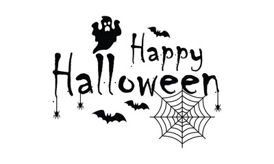 Fototapeta premium Happy halloween creepy handwritten lettering with ghost spider web hanging spiders and bats isolated on white background for seasonal holiday party decoration poster or celebration graphic design proj