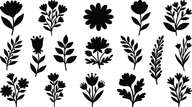 Black floral silhouettes, 16 flower and leaf on white background, flowers leaves