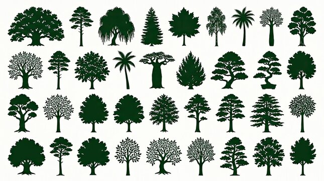 Collection of Various Tree Silhouettes in Different Shapes and Sizes