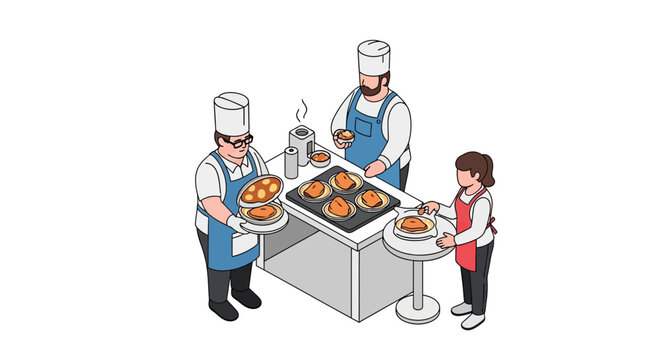 Chefs preparing and serving delicious baked goods in a kitchen setting.