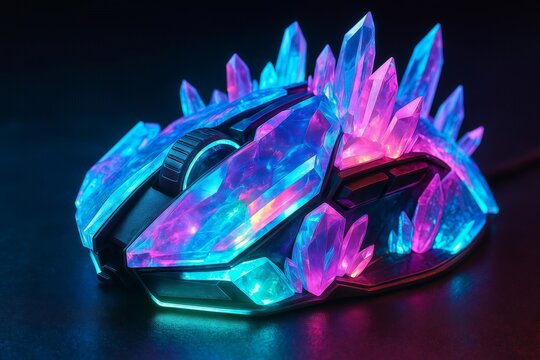 Macro of a futuristic computer mouse with keys made of glowing crystals