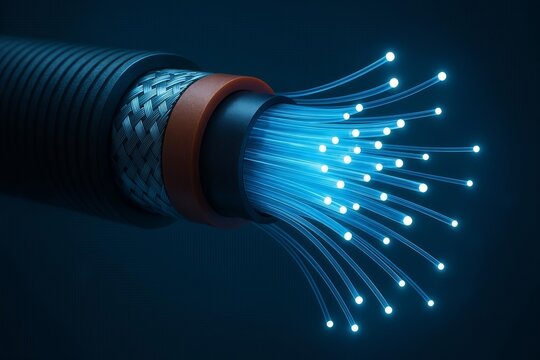 Cross-section of a fiber optic cable showing glowing glass strands