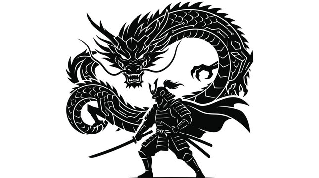 Fierce samurai warrior standing ready for battle with a powerful mythical dragon in this artistic image
