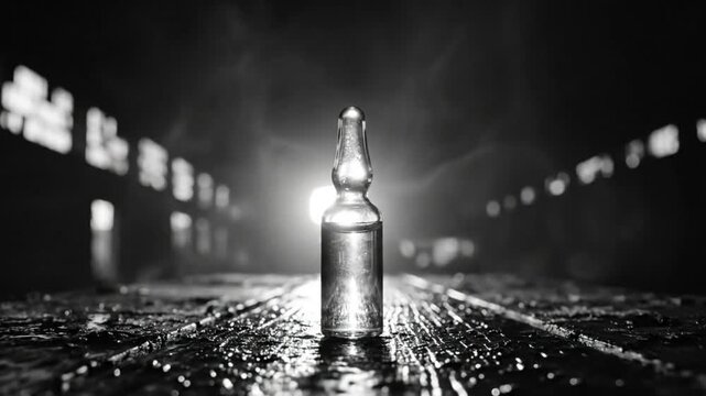 Black and white close up of glass vial on a reflective surface with smoke and blurred background