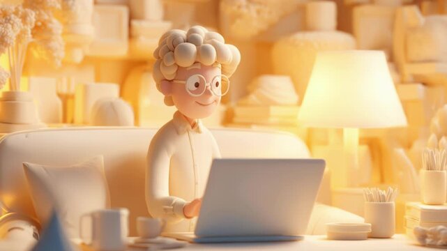 Young caucasian man with curly hair and glasses working on a laptop on a sofa surrounded by warm lamp light and stylized neutral decor, cozy home workspace atmosphere
