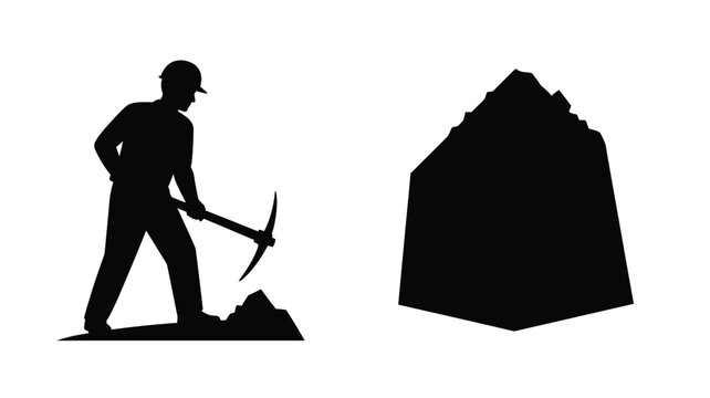 Miner with pickaxe and ore pile black silhouette