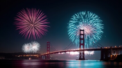 Fototapeta premium Colorful fireworks burst over illuminated suspension bridge at night sky