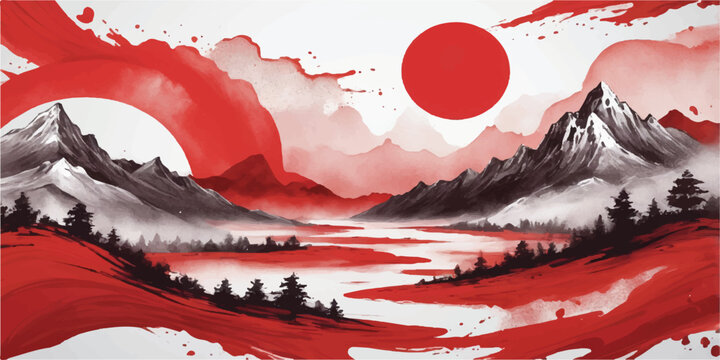 Winter mountain landscape with colorful watercolor mountains and ski resort scene
