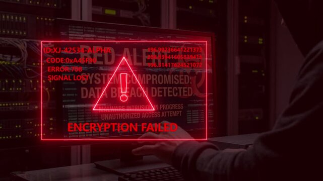 Hacker accessing secure server system with red system compromise alert displayed on computer screen.