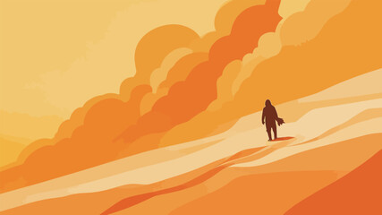 Naklejka premium Lonely Traveler Walking Through Vast Desert Dunes At Sunset