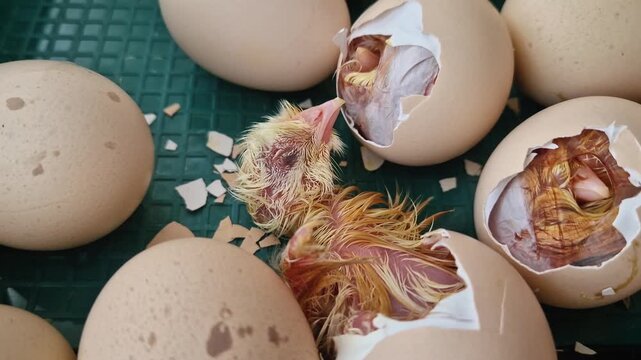Close-up miracle of life as tiny chicks begin to hatch from their eggs in an incubator. Inside the cracked shells, wet downy feathers and small beaks are visible as the birds struggle to emerge