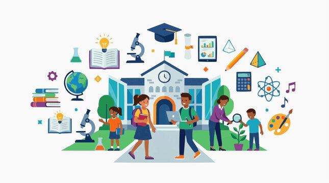 A vibrant illustration of children entering the school building with many academic objects around. This image conveys the essence of learning, education, and development