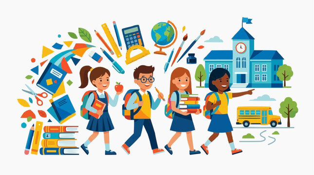 School journey with excited students and school supplies