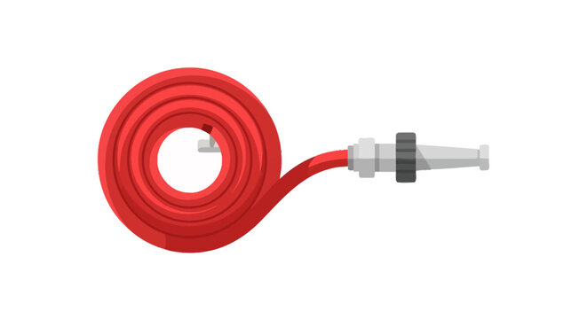 A graphic illustration of a neatly coiled bright red fire hose with an attached spray nozzle, ready for immediate deployment in fire suppression situations