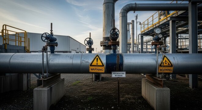 Complex industrial pipeline infrastructure with valves and warning signs at an energy facility