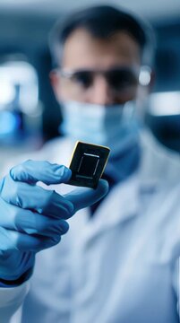 Scientist in laboratory holding microchip with precision and focus