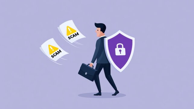 Businessman walking with protective shield holding briefcase avoiding scam