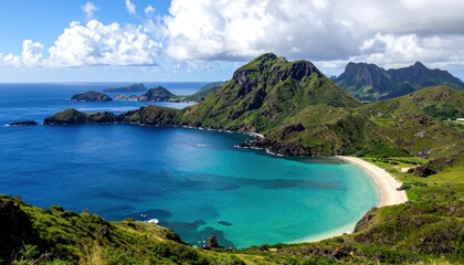 Obraz premium Turquoise Bay Paradise: Lush Green Mountains Meet Pristine Beach and Azure Ocean