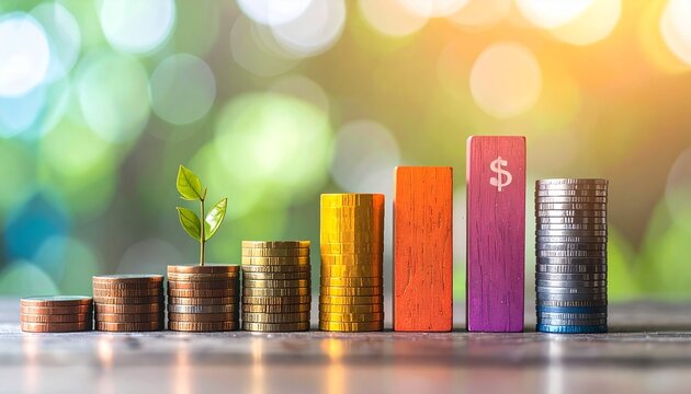 Coins stacked in ascending order with growing plant symbolizing financial growth.