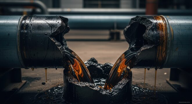 Industrial pipeline rupture spilling viscous black liquid, representing catastrophic failure and environmental hazard.