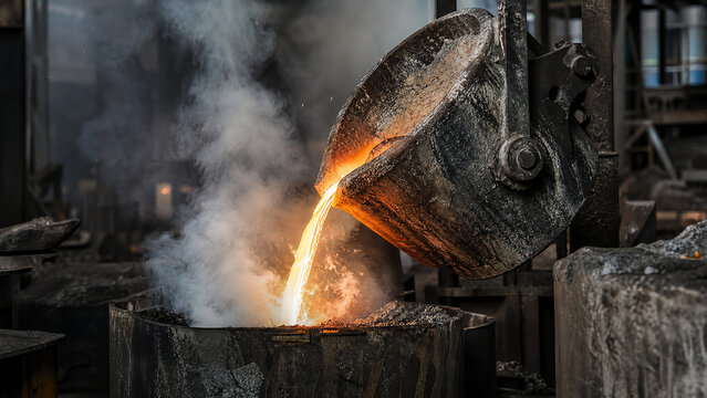 Photoreal industrial editorial photograph of ductile iron magnesium ferrosilicon treatment ladle being poured at temperature inside an iron foundry treatment station with white smoke billowing