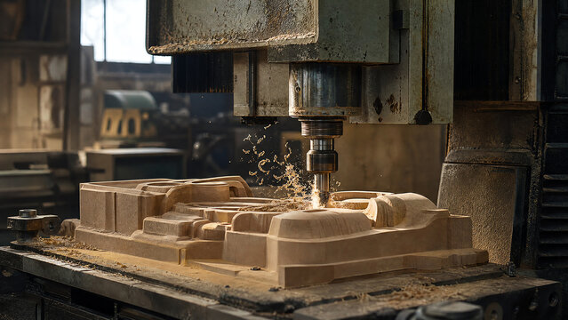 Photoreal industrial editorial photograph of CNC pattern milling machine cutting a complex urethane wood-mix pattern for a sand casting mould inside a foundry pattern shop with chips curling off