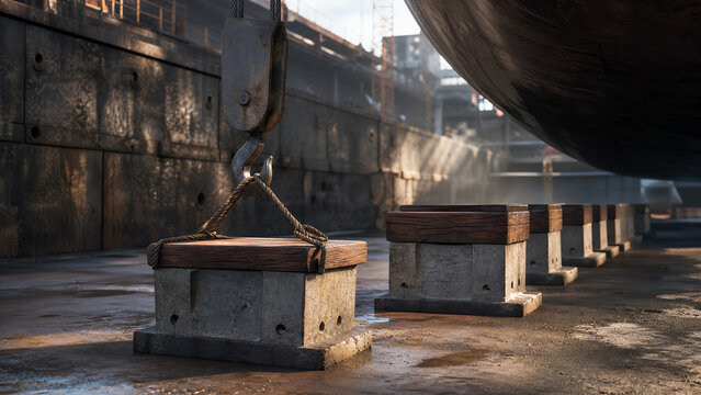Photoreal industrial editorial photograph of shipyard worker positioning a hardwood-capped concrete bilge block on the floor of a graving dock prior to a vessel docking with adjacent keel blocks